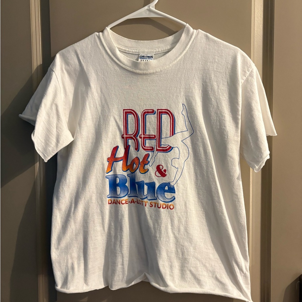 Gildan White Tee with Red and Blue Graphic
